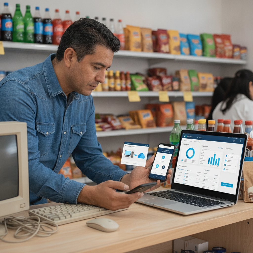 Comerciante comparando alternativas modernas a Aspel Caja en laptop y celular