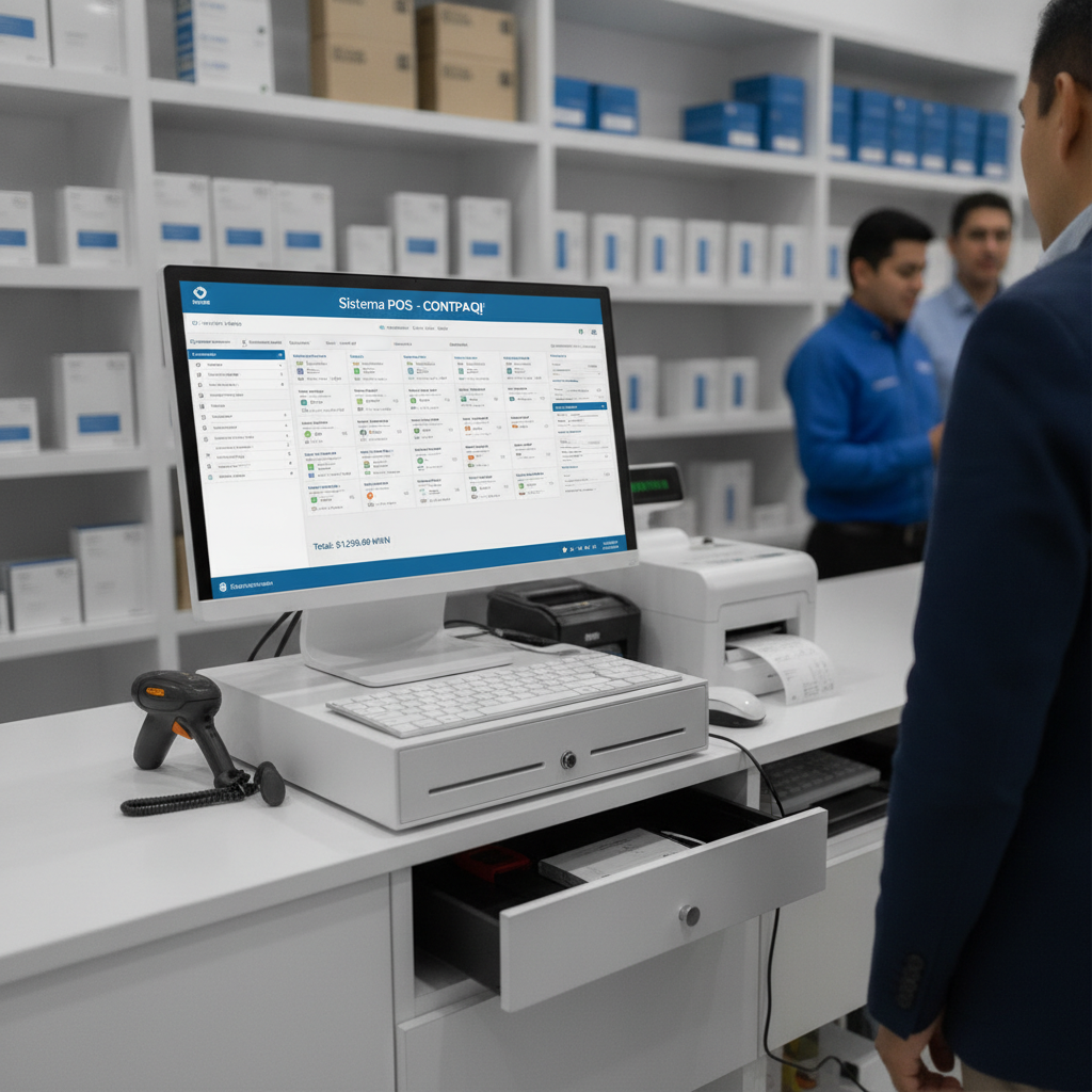 Pantalla de sistema de punto de venta en mostrador de negocio mexicano: análisis CONTPAQi Punto de Venta 2026