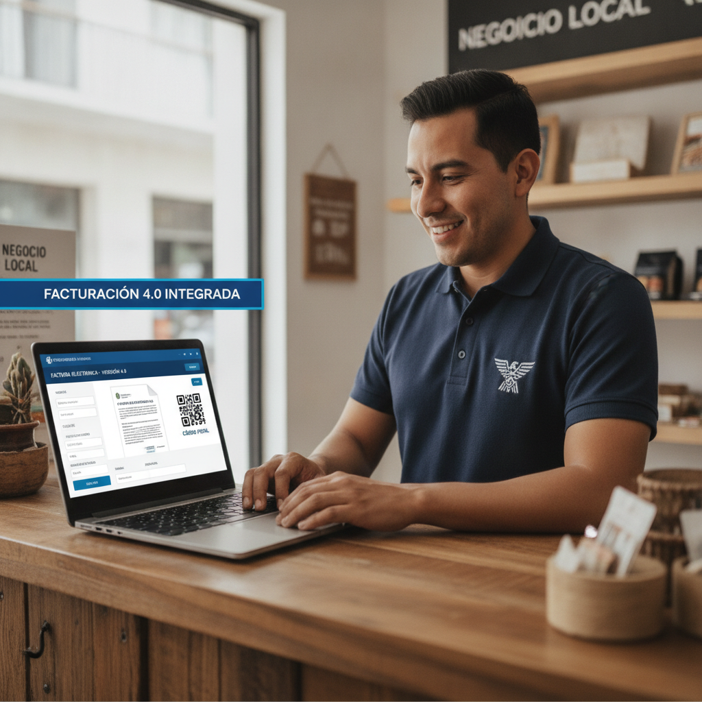 "Comerciante mexicano revisando factura electrónica CFDI en su smartphone"
