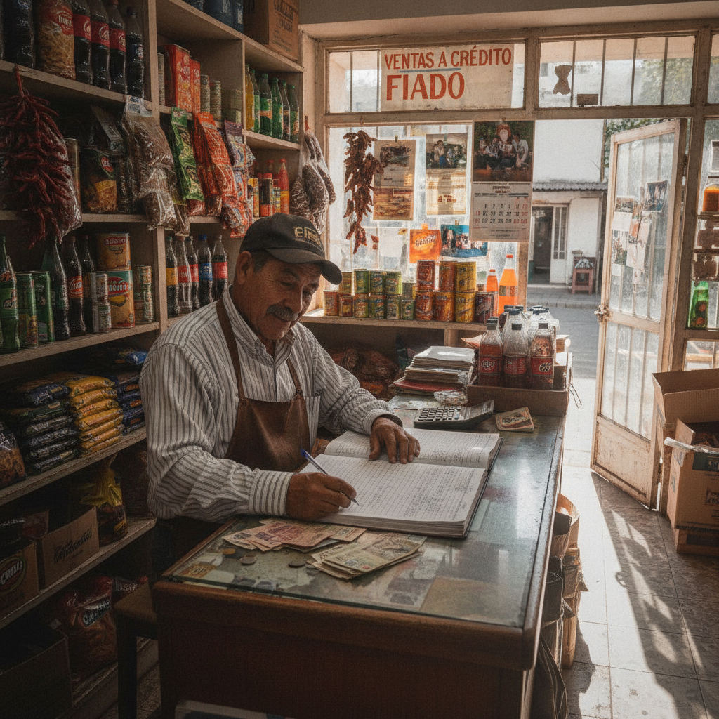 Comerciante mexicano revisando el registro de ventas a crédito en su negocio