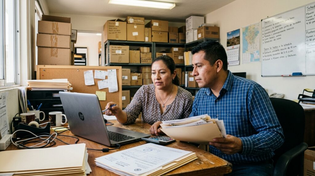 Comparativa de sistemas de gestión para pymes en México: dos personas revisan facturas e inventario de una distribuidora frente a una laptop