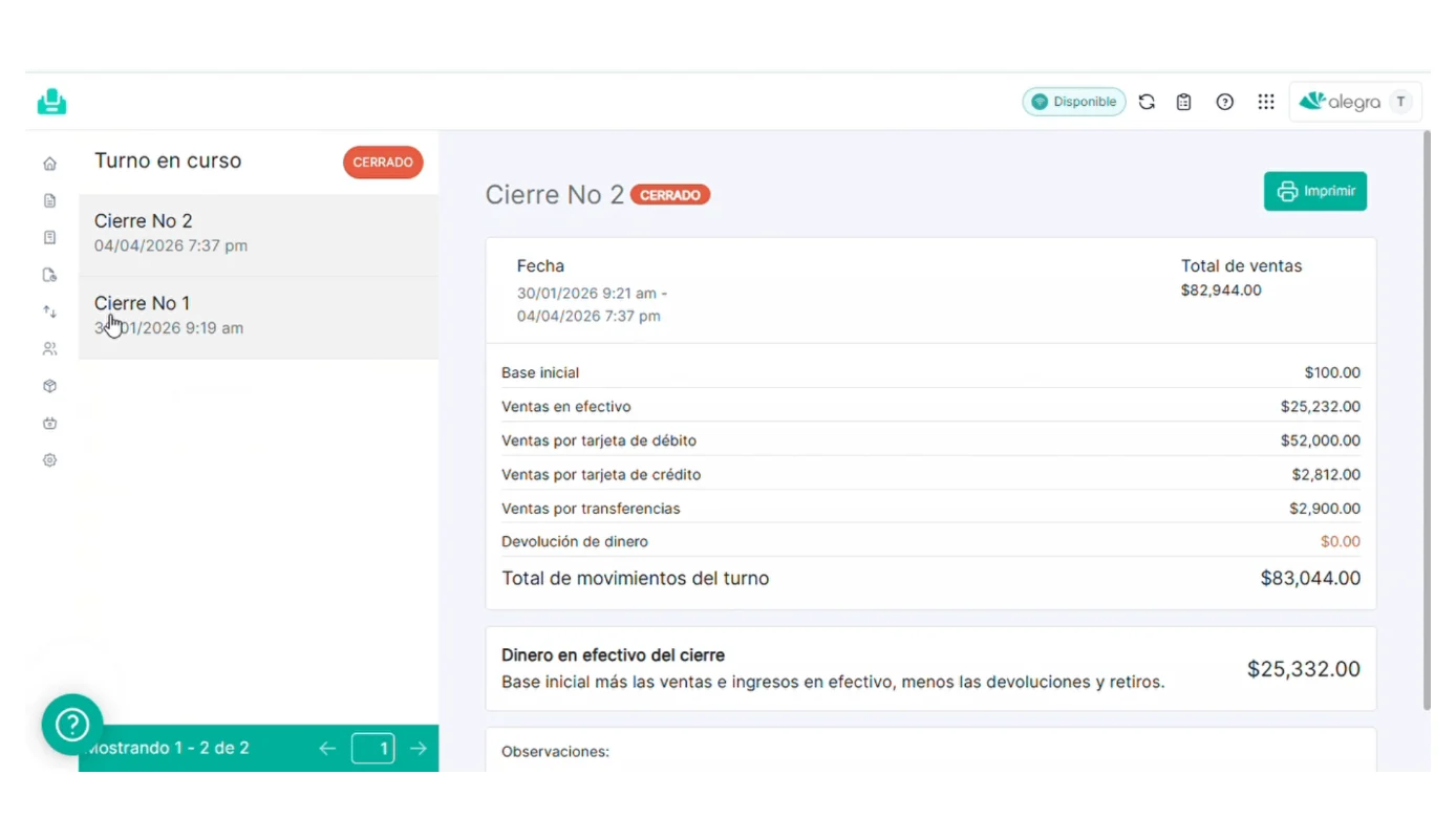 Detalle de un cierre de turno en Alegra POS con base inicial, ventas en efectivo, con tarjeta y por transferencia y el dinero en efectivo del cierre