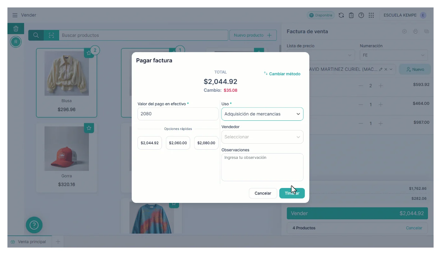 Ventana Pagar factura de Alegra POS con el total, el cambio, el uso del CFDI Adquisición de mercancías y el botón Timbrar