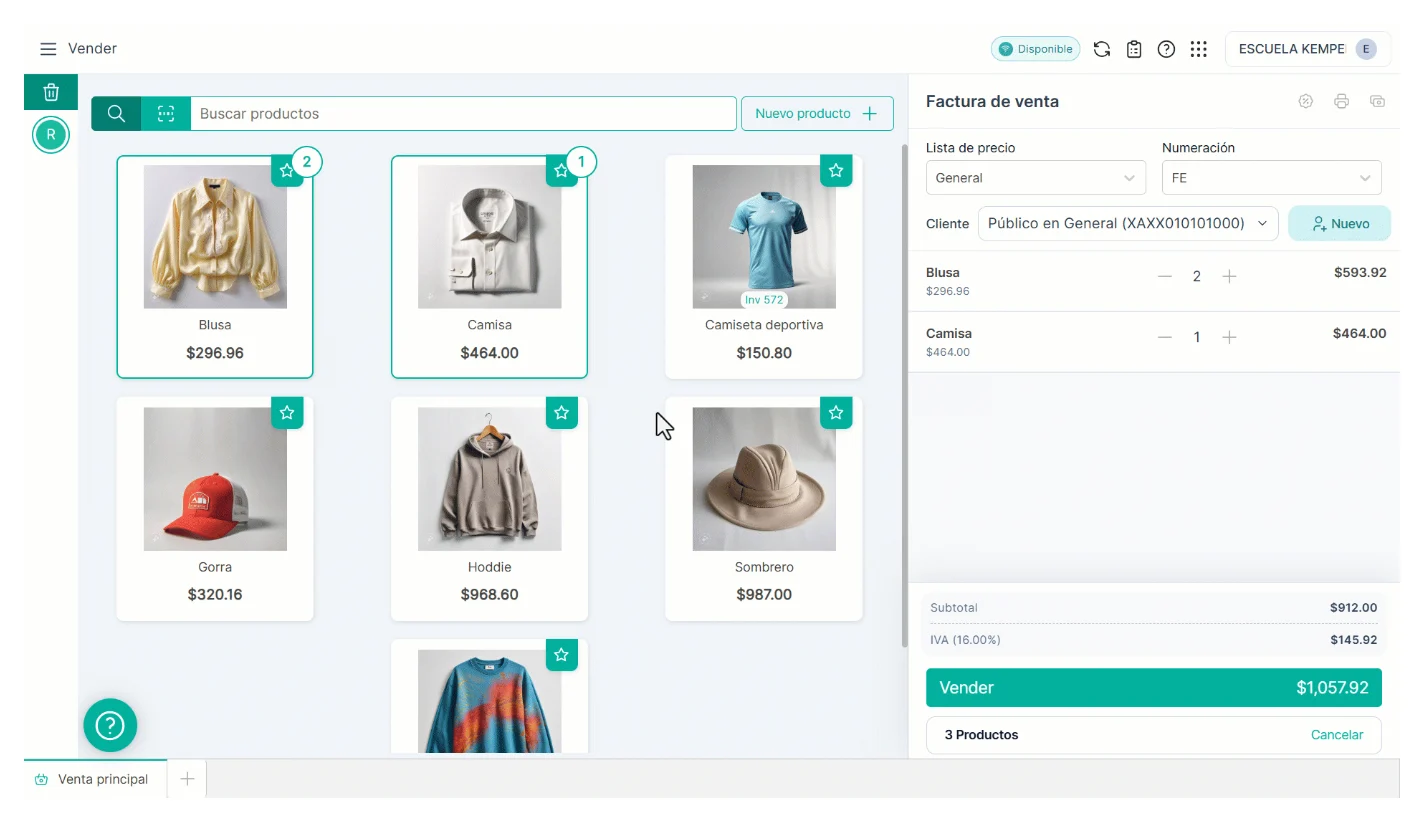 Pantalla de venta de Alegra POS con el catálogo de productos, el cliente Público en General y la lista de precio y numeración de la venta