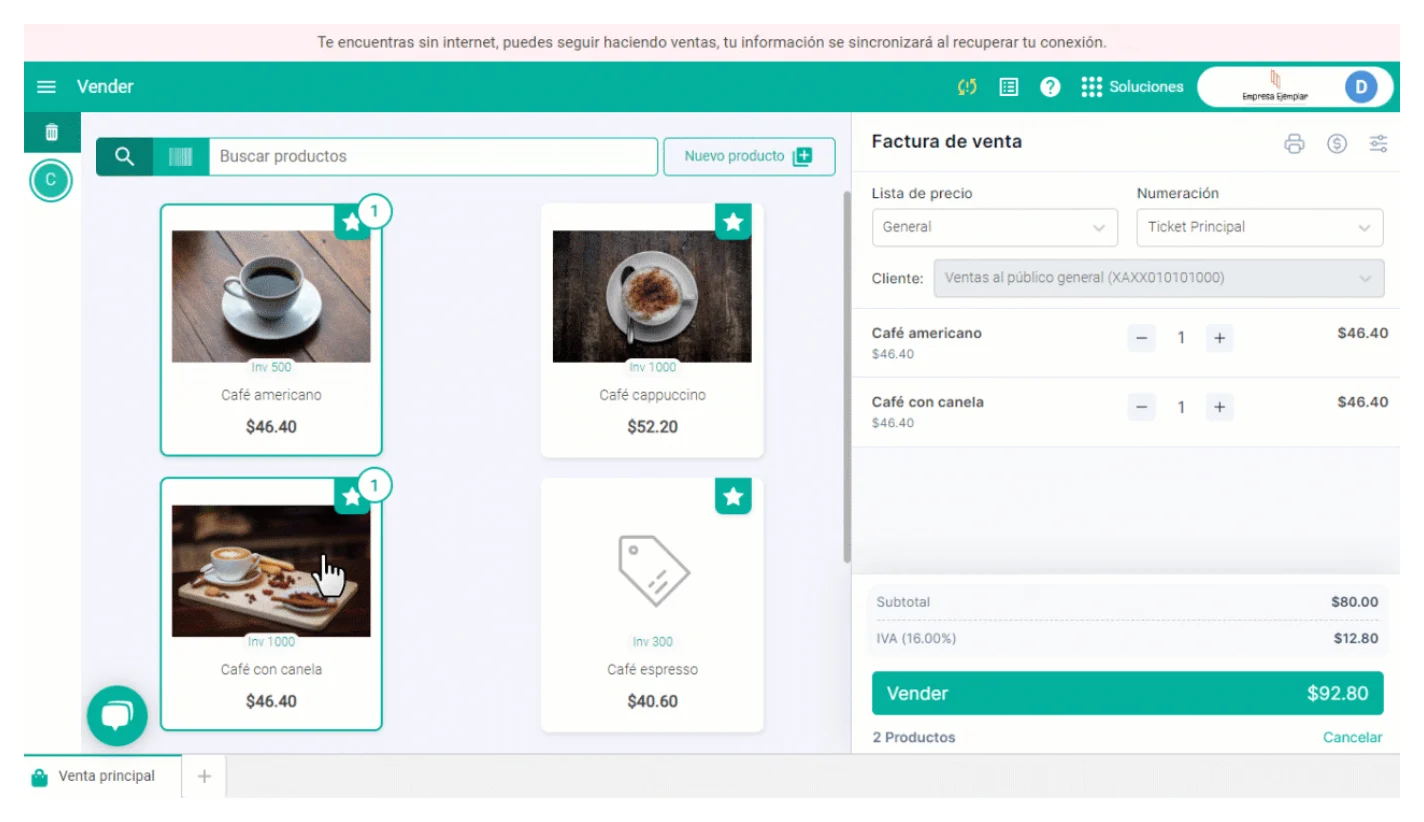 Alegra POS vendiendo sin internet: aviso de que la información se sincronizará al recuperar la conexión y ticket con IVA del 16%