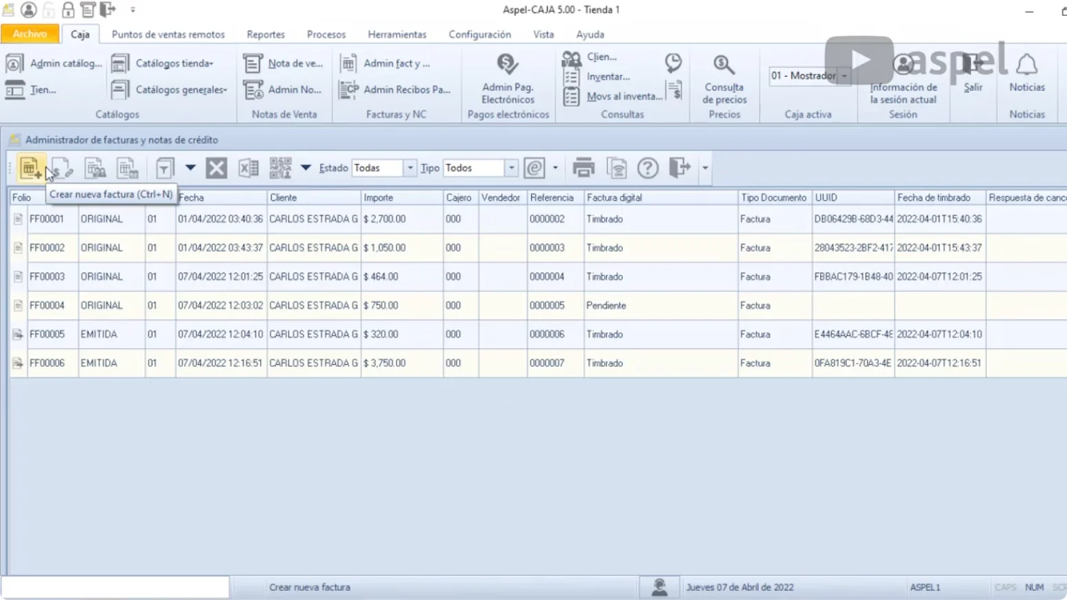 Administrador de facturas de Aspel CAJA 5.0 con folio, cliente, importe, estado timbrado o pendiente, UUID y fecha de timbrado de cada CFDI