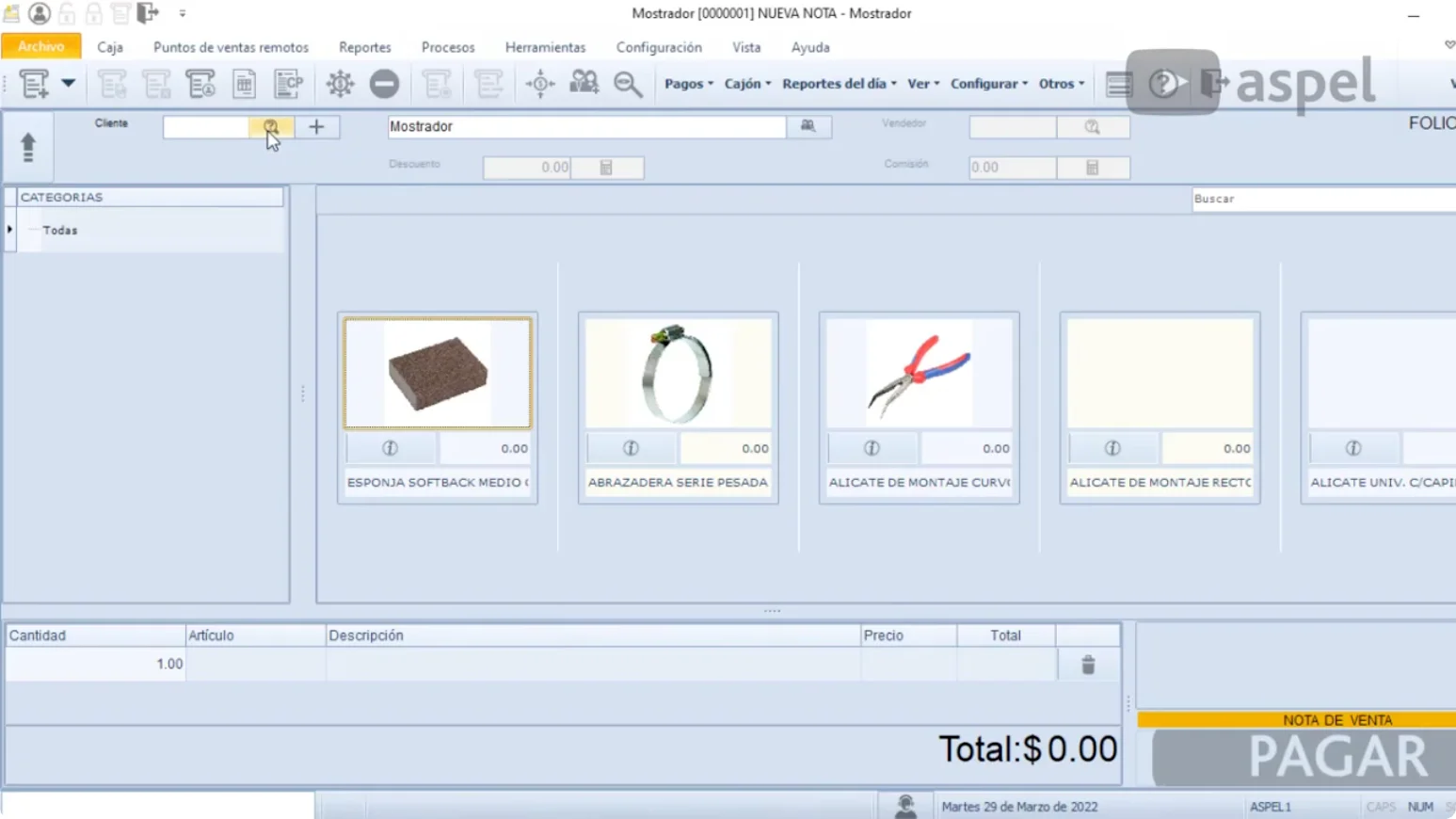Pantalla de nota de venta de Aspel CAJA 5.0 en modo táctil: productos de ferretería en mosaico con foto, renglón de captura, total en pesos y botón Pagar