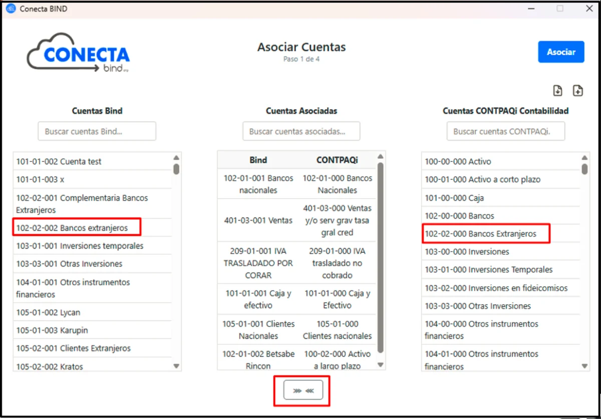 Programa Conecta Bind asociando cuentas contables de Bind ERP con las cuentas de CONTPAQi Contabilidad