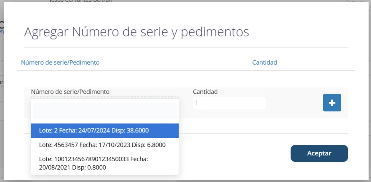 Selección de lote al capturar una venta en Bind ERP: número de lote, fecha y cantidad disponible de cada uno