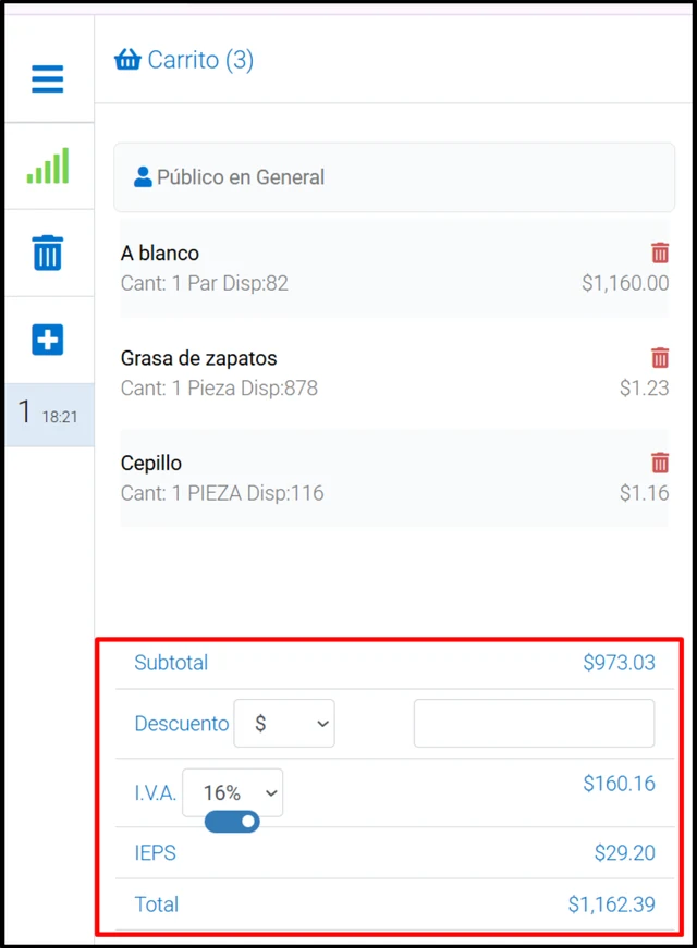 Carrito del Punto de Venta web de Bind ERP para Público en General: existencia disponible por producto, descuento, IVA del 16%, IEPS y total
