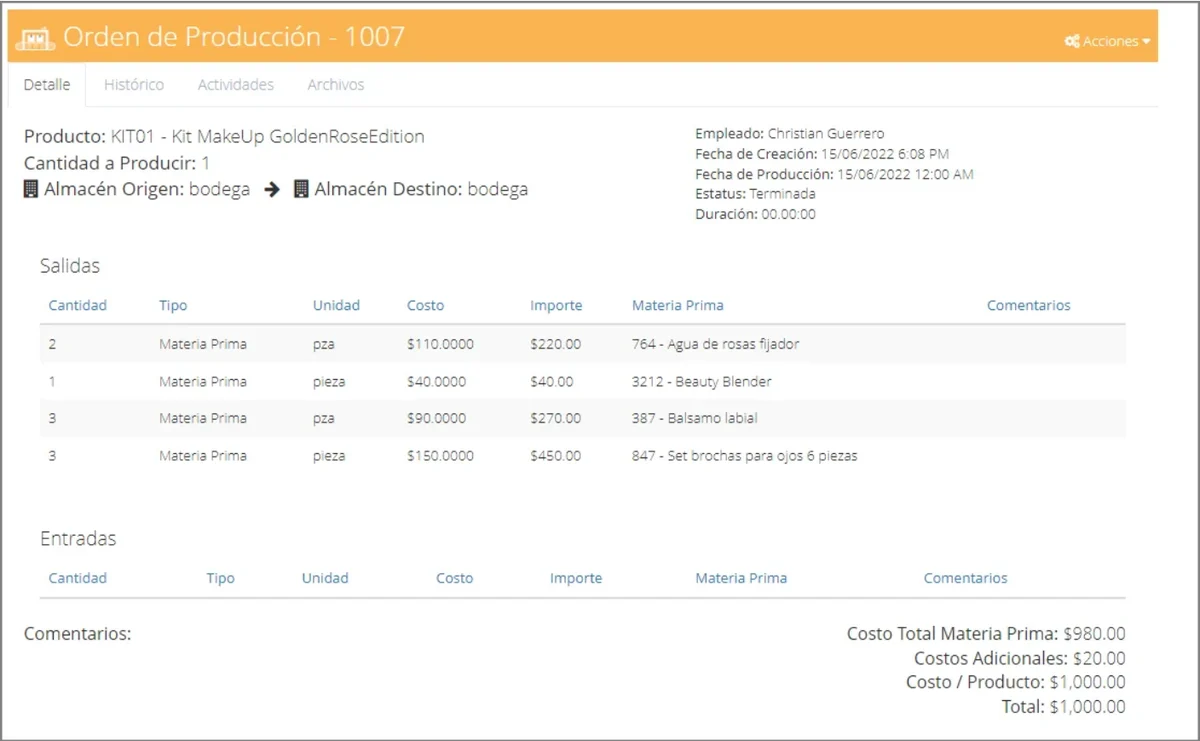 Orden de producción terminada en Bind ERP con las materias primas que salieron del almacén, los costos adicionales y el costo por producto