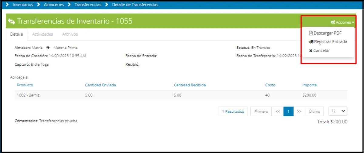 Transferencia de inventario en Bind ERP entre dos almacenes con estatus En Tránsito y la acción Registrar Entrada