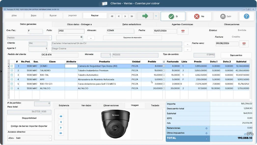 Captura de una factura a crédito en ALPHA ERP 21 con seis partidas, lista de precio por renglón, dos descuentos, IEPS, IVA y retenciones