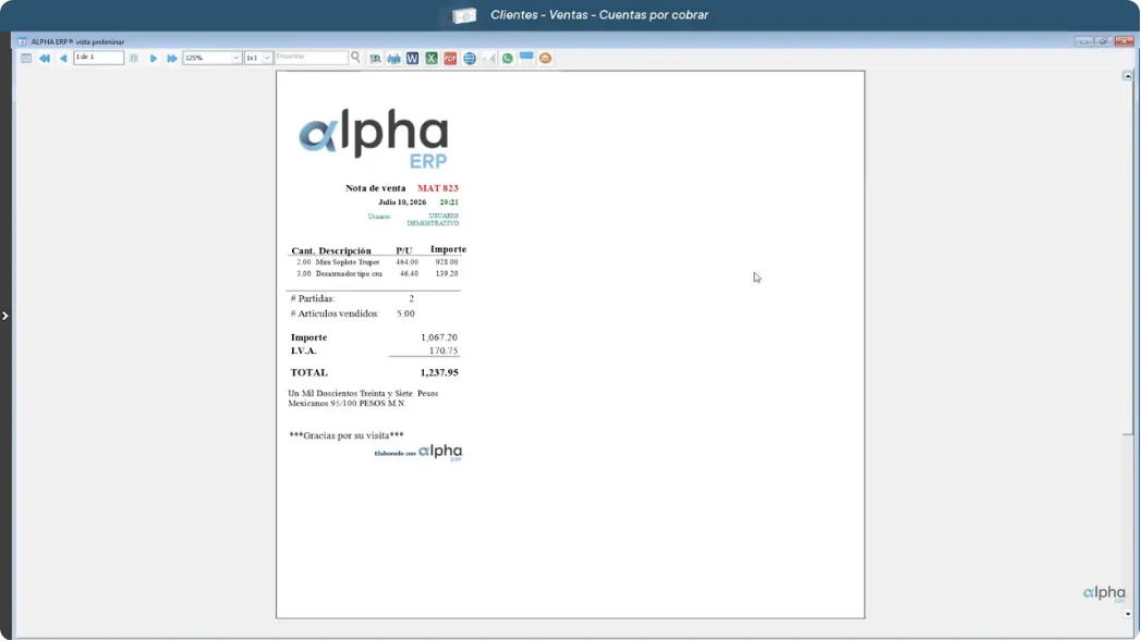 Vista previa del ticket de una nota de venta en ALPHA ERP 21 con importe, IVA del 16% y total en pesos con el importe en letra