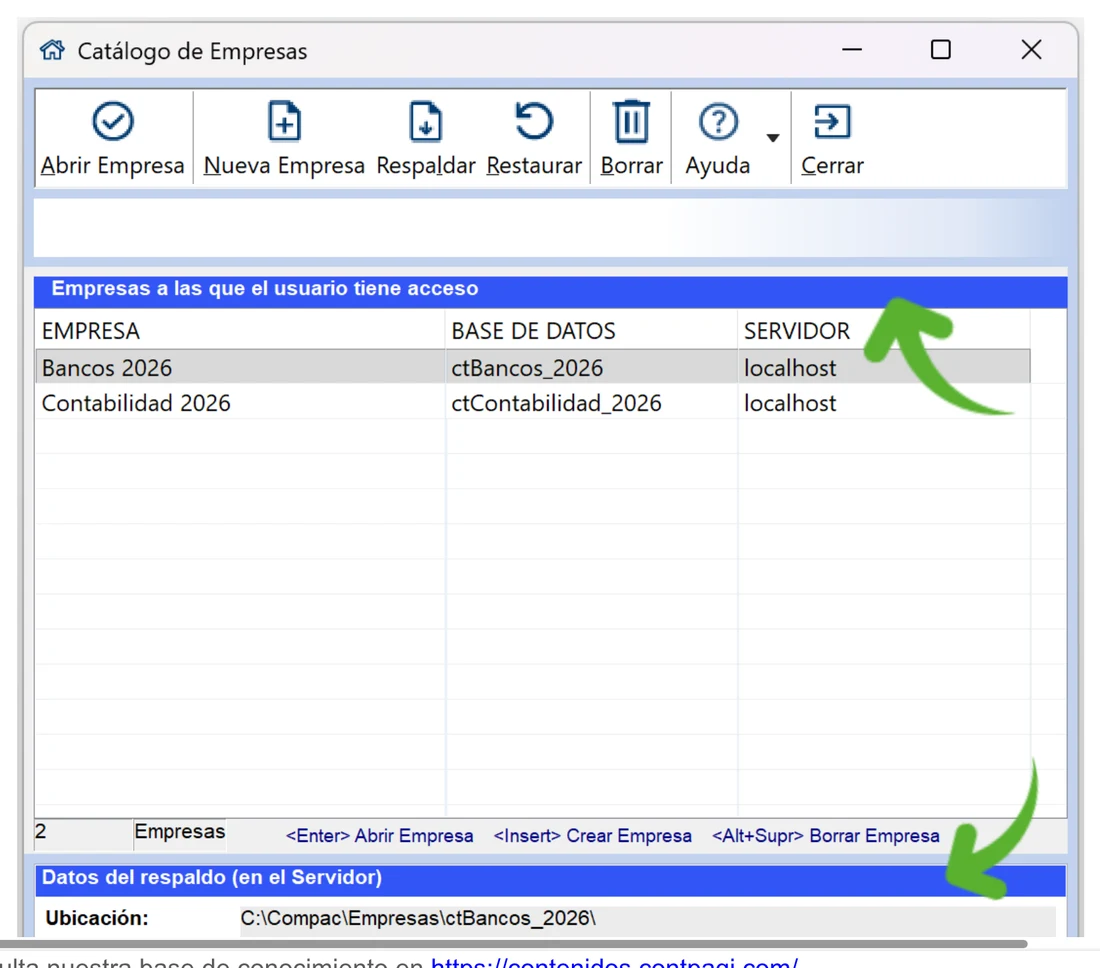 Catálogo de empresas de CONTPAQi Contabilidad y Bancos con sus bases de datos en el servidor local y la ruta del respaldo en la computadora