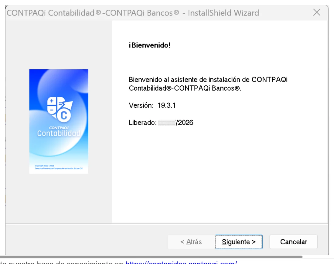 Asistente de instalación de CONTPAQi Contabilidad y CONTPAQi Bancos versión 19.3.1 en Windows