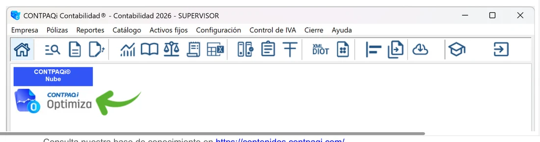 Barra de menús de CONTPAQi Contabilidad de escritorio 2026: Empresa, Pólizas, Reportes, Catálogo, Activos fijos, Control de IVA, Cierre y Ayuda, con acceso a CONTPAQi Optimiza