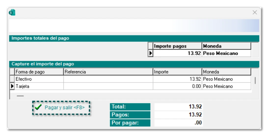 Cobro de una nota de venta en CONTPAQi Comercial Premium con dos formas de pago, efectivo y tarjeta, más el total, lo pagado y lo que falta por pagar