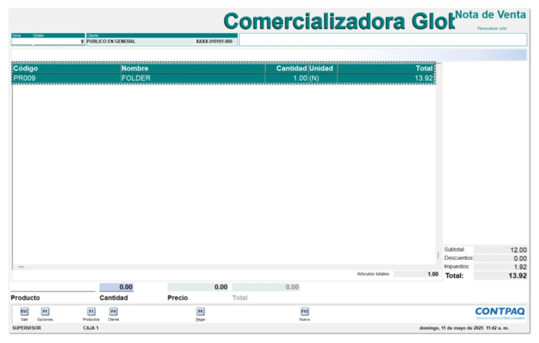 Pantalla de nota de venta de CONTPAQi Comercial Premium con un producto, cantidad, subtotal, impuestos y total, y los atajos F3 Productos, F4 Cliente y F8 Pagar en la CAJA 1
