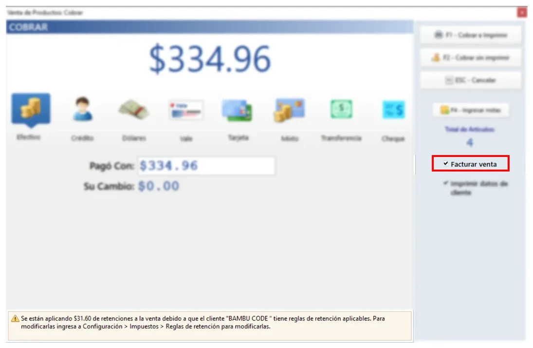 Pantalla de cobro de Eleventa 5 con formas de pago y la casilla Facturar venta marcada, más el aviso de retenciones aplicadas al cliente