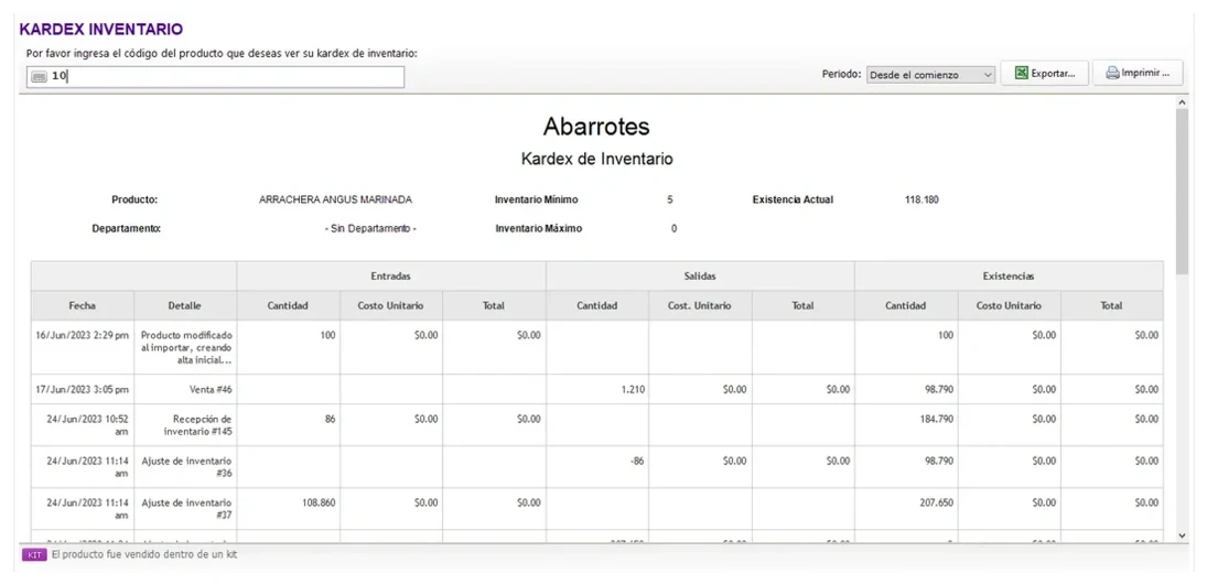 Kardex de inventario de Eleventa 5 con entradas, salidas y existencias de un producto por fecha