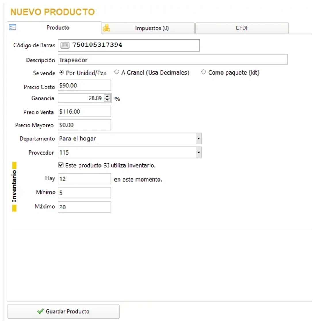 Alta de producto en Eleventa 5: venta por unidad, a granel o como kit, precio de costo, ganancia, precio de mayoreo e inventario con mínimo y máximo