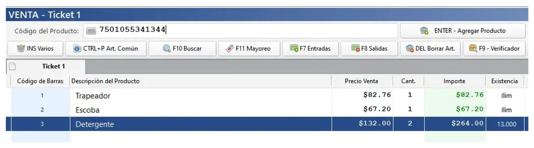 Pantalla de venta de Eleventa 5 con un ticket en curso: código de barras, precio, cantidad y existencia por producto, y atajos de mayoreo (F11) y verificador de precios (F9)