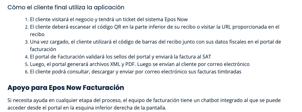 Guía de Epos Now Facturación: el cliente escanea el código QR del ticket, captura sus datos fiscales en el portal, que timbra ante el SAT y le envía el XML y el PDF; el soporte es por chatbot y correo de MTI Consultoría