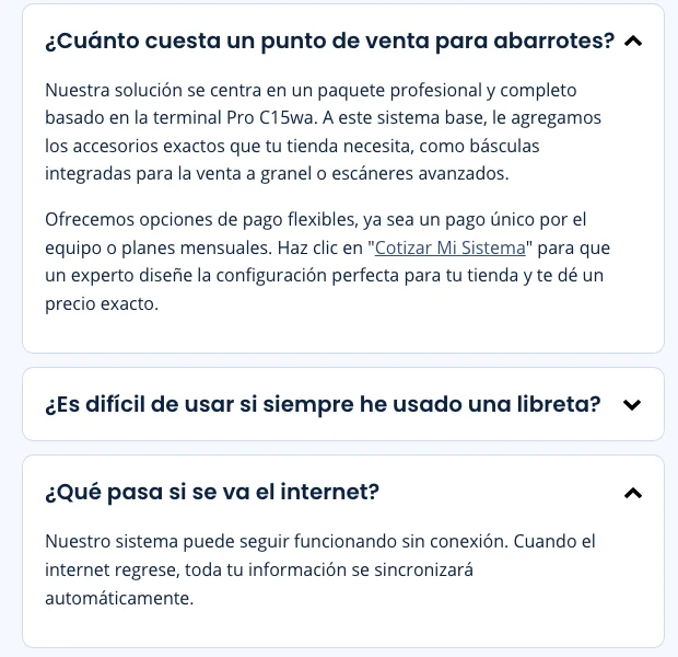 Preguntas frecuentes de Epos Now México: el costo se cotiza sobre un paquete con la terminal Pro C15wa, con pago único o planes mensuales, y el sistema sigue funcionando si se va el internet