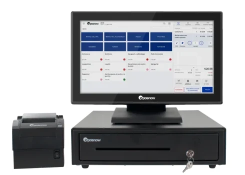 Paquete de punto de venta de Epos Now: terminal táctil con la pantalla de venta, impresora de tickets y cajón de dinero
