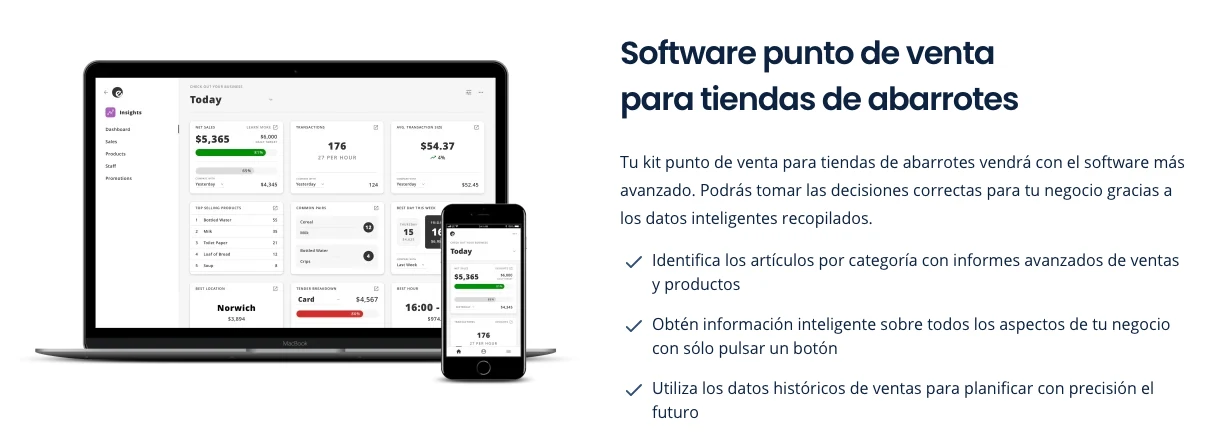 Imagen promocional del Back Office de Epos Now en laptop y celular con ventas netas, transacciones, ticket promedio y productos más vendidos, con la interfaz en inglés