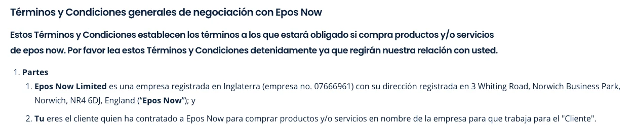 Inicio de los términos y condiciones publicados en el sitio de Epos Now México, donde la parte contratante es Epos Now Limited, empresa registrada en Inglaterra