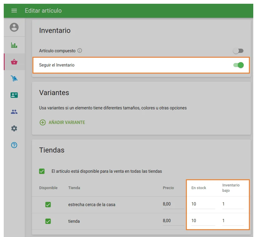Edición de un artículo en el Back Office de Loyverse con Seguir el inventario activado, variantes y la tabla por tienda con precio, stock e inventario bajo
