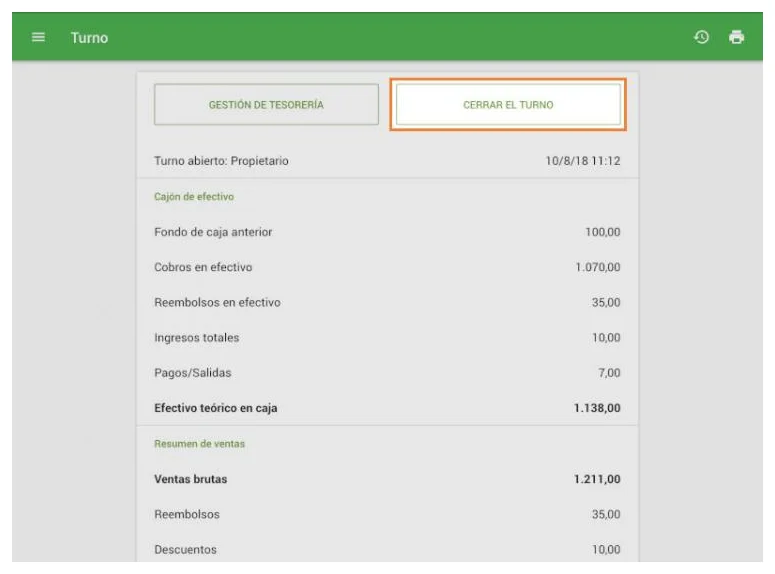 Turno abierto en Loyverse con fondo de caja, cobros y reembolsos en efectivo, pagos y salidas, efectivo teórico en caja y resumen de ventas, con el botón Cerrar el turno