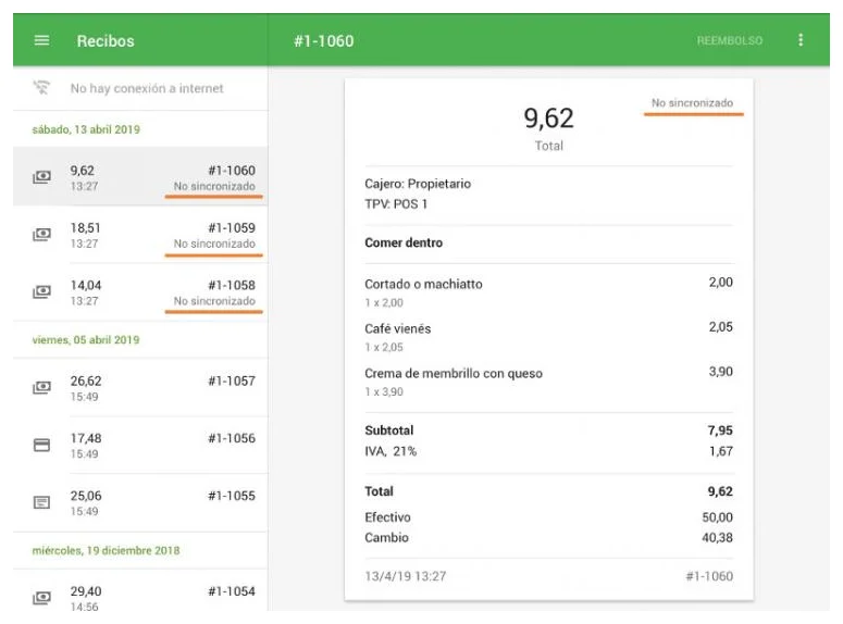 Lista de recibos de Loyverse sin conexión a internet: varios recibos marcados como No sincronizados y el detalle de uno con su total y forma de pago