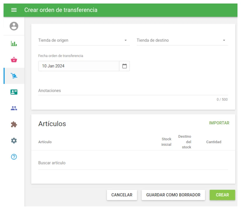 Formulario Crear orden de transferencia de Loyverse con tienda de origen, tienda de destino, fecha y la lista de artículos con stock inicial y cantidad