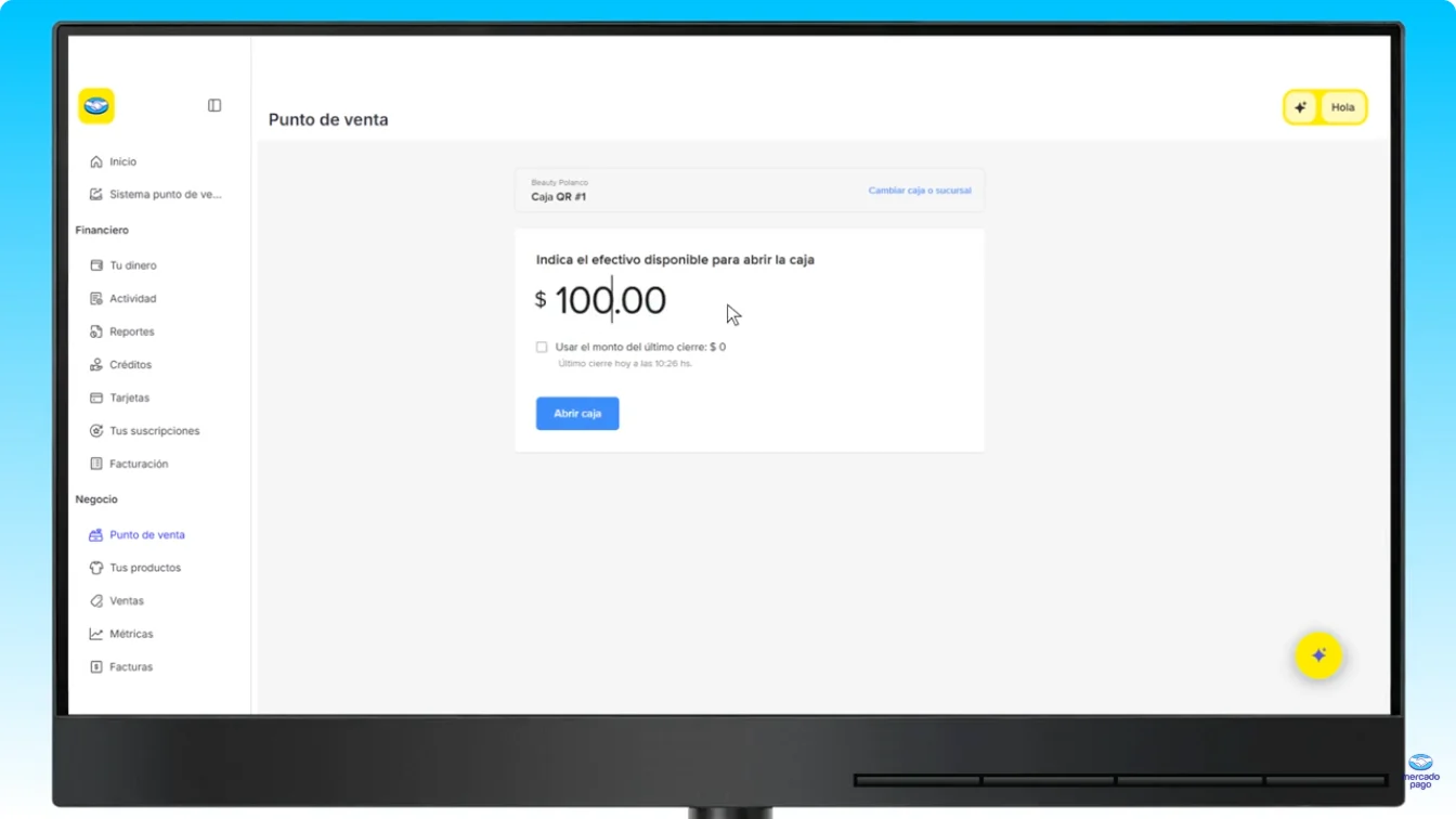 Punto de venta de Mercado Pago en la computadora pidiendo el efectivo disponible para abrir la caja, con el botón Abrir caja y el menú lateral de Punto de venta, Tus productos, Ventas, Métricas y Facturas