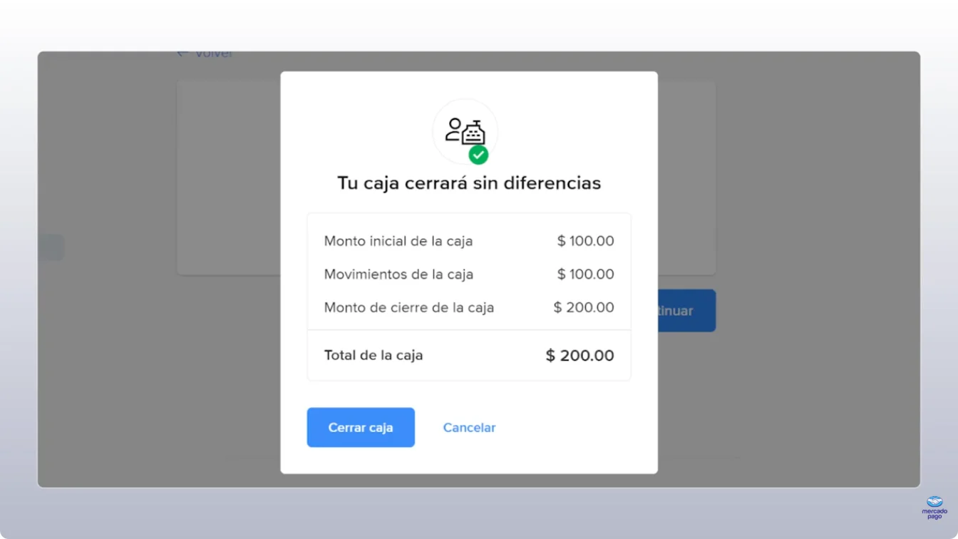 Cierre de caja en el punto de venta de Mercado Pago con el monto inicial, los movimientos, el monto de cierre y el aviso Tu caja cerrará sin diferencias