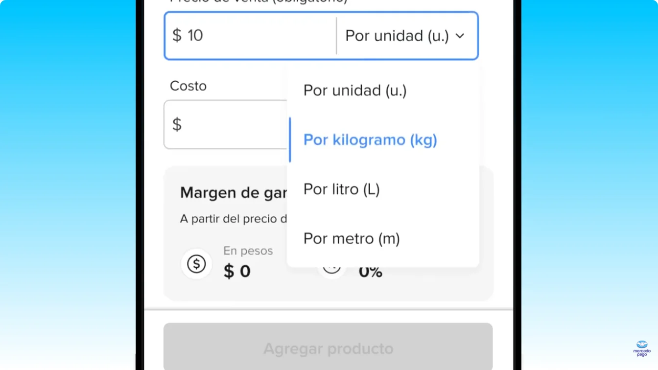 Alta de producto en la app de Mercado Pago con precio de venta por unidad, kilogramo, litro o metro, el campo de costo y el margen de ganancia en pesos y en porcentaje