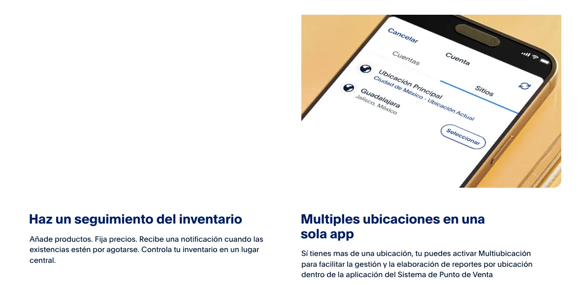 Página de software de punto de venta de PayPal México que anuncia Múltiples ubicaciones en una sola app con ubicaciones en Ciudad de México y Guadalajara