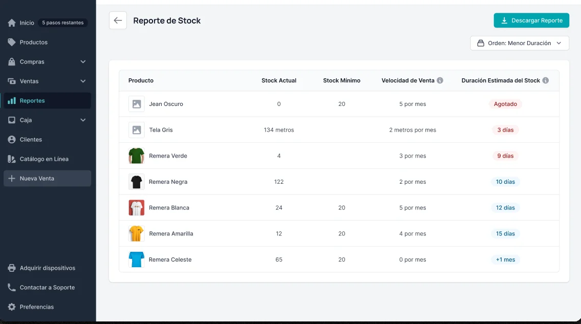 Reporte de stock de Pulpos con stock actual, stock mínimo, velocidad de venta por mes y duración estimada del stock de cada producto, de agotado a más de un mes