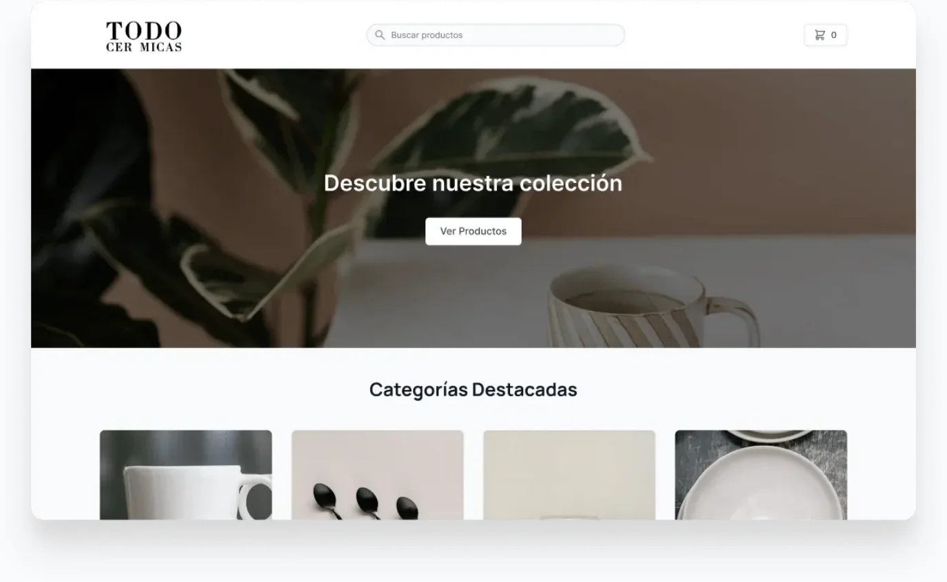 Portada del catálogo en línea de un comercio hecho con Pulpos, con buscador de productos, carrito, banner de colección y categorías destacadas