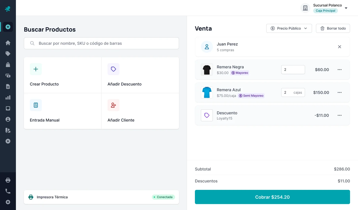 Pantalla de venta de Pulpos en computadora: buscador por nombre, SKU o código de barras, botones para crear producto, añadir descuento, entrada manual y añadir cliente, y un ticket con precios de mayoreo y semi mayoreo por caja, descuento e impresora térmica conectada