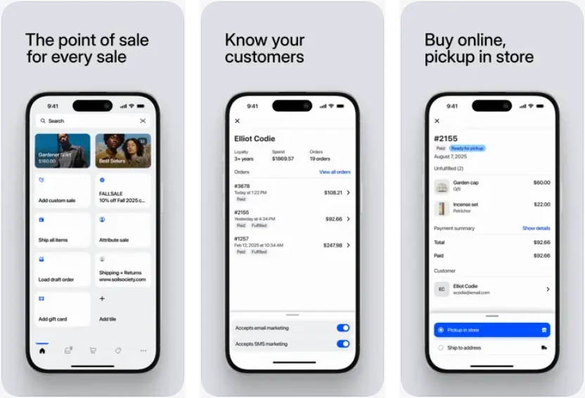 Tres pantallas de la app Shopify POS en iPhone: inicio con atajos de venta, descuento y envío, perfil de un cliente con sus pedidos y un pedido en línea listo para recoger en la tienda