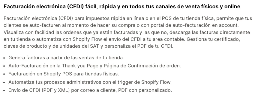 Descripción de la app de terceros CFDI Express en la Shopify App Store con facturación CFDI 4.0, autofacturación y facturación en Shopify POS para tiendas físicas