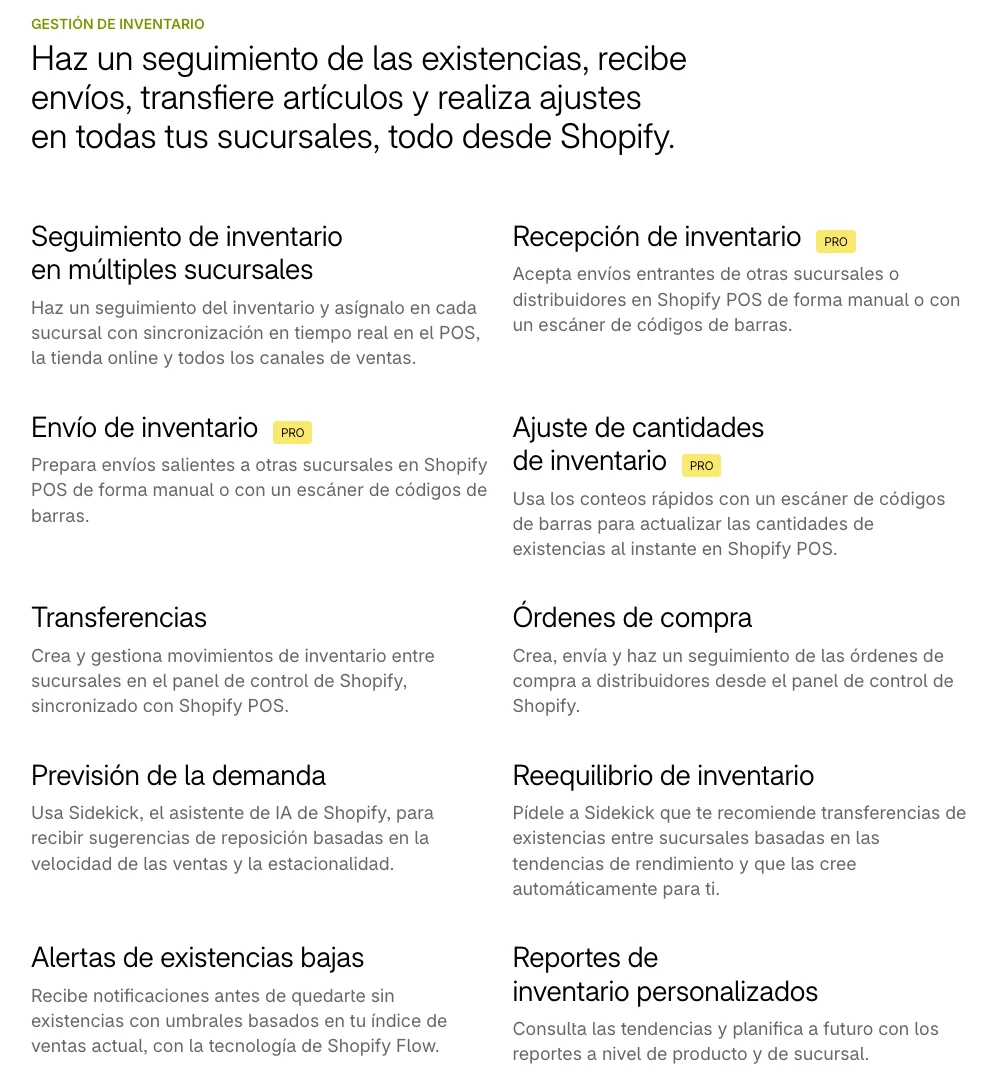 Funciones de gestión de inventario de Shopify POS: recepción, envío y ajuste de cantidades marcados como PRO, y transferencias y órdenes de compra desde el panel de control de Shopify