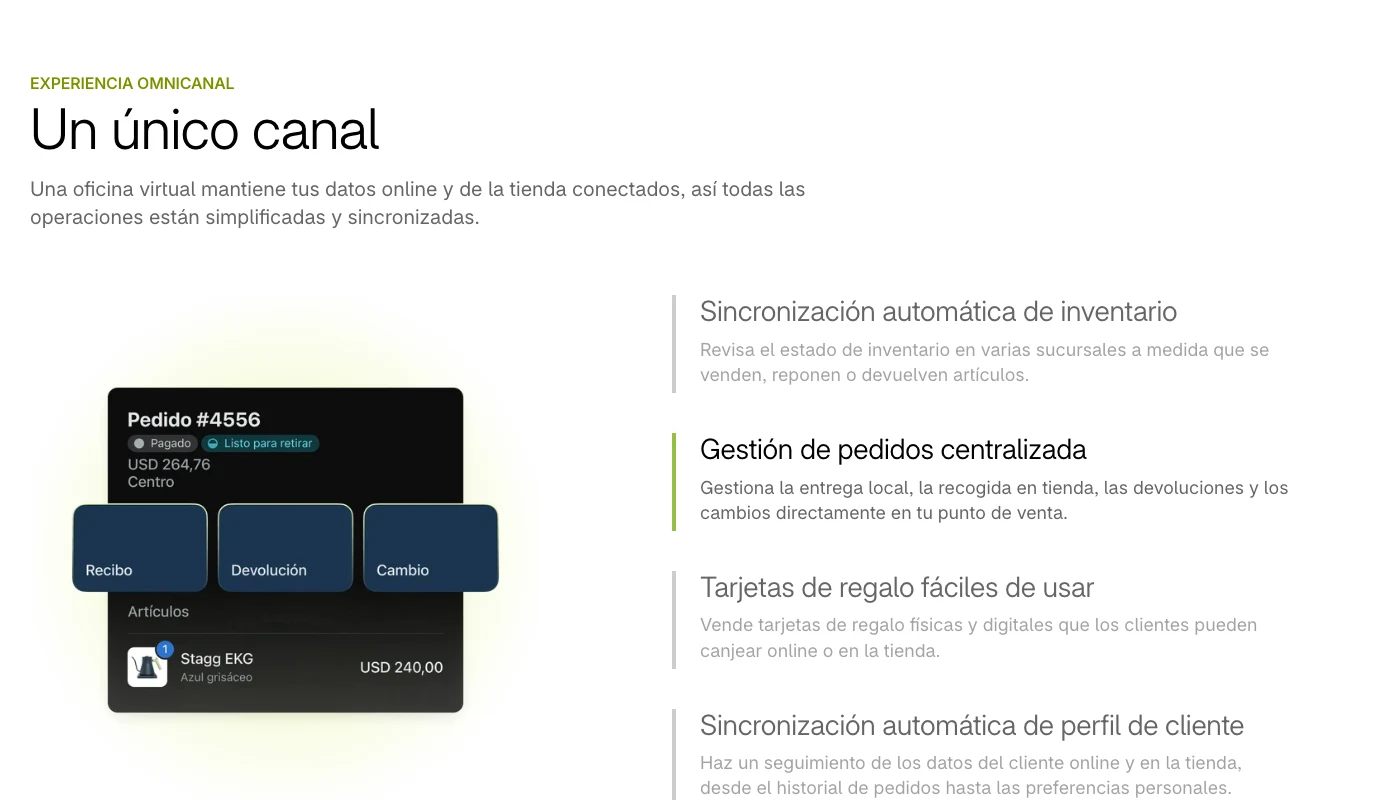 Página de Shopify México sobre su punto de venta omnicanal: sincronización automática de inventario entre sucursales, gestión de pedidos centralizada con retiro en tienda, devoluciones y cambios