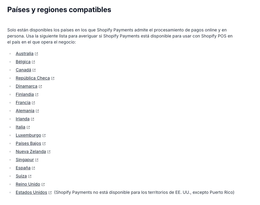 Lista del centro de ayuda de Shopify con los países donde Shopify Payments acepta pagos en persona con Shopify POS, en la que México no aparece