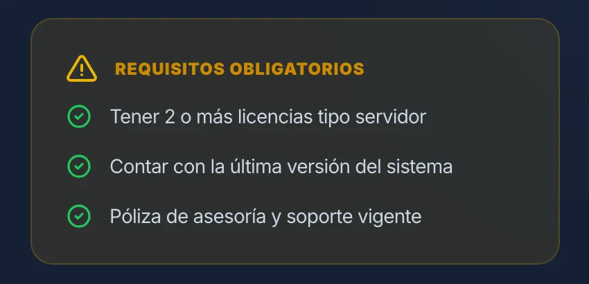 Requisitos obligatorios de Nube SICAR: tener 2 o más licencias tipo servidor, contar con la última versión del sistema y póliza de asesoría y soporte vigente