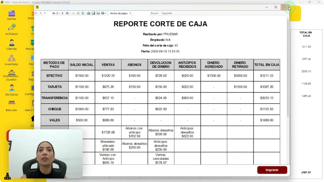 Reporte de corte de caja de SIFO Punto de Venta con saldo inicial, ventas, abonos, devoluciones, anticipos y total en caja por efectivo, tarjeta, transferencia, cheque y vales